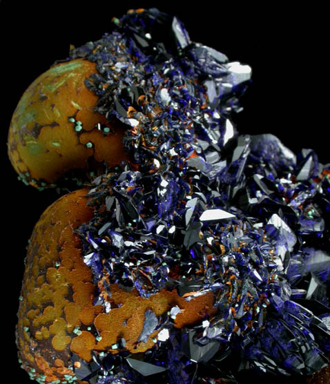 Azurite on Goethite with Malachite pseudomorphs after Cuprite from Copper Queen Mine, Bisbee, Warren District, Cochise County, Arizona