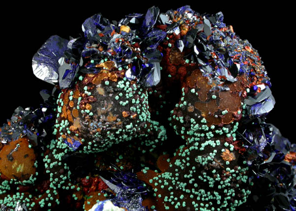 Azurite on Goethite with Malachite pseudomorphs after Cuprite from Copper Queen Mine, Bisbee, Warren District, Cochise County, Arizona