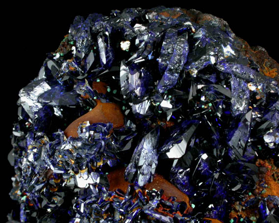 Azurite on Goethite with Malachite pseudomorphs after Cuprite from Copper Queen Mine, Bisbee, Warren District, Cochise County, Arizona