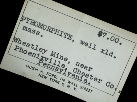 Pyromorphite from Wheatley Mine, Phoenixville, Chester County, Pennsylvania