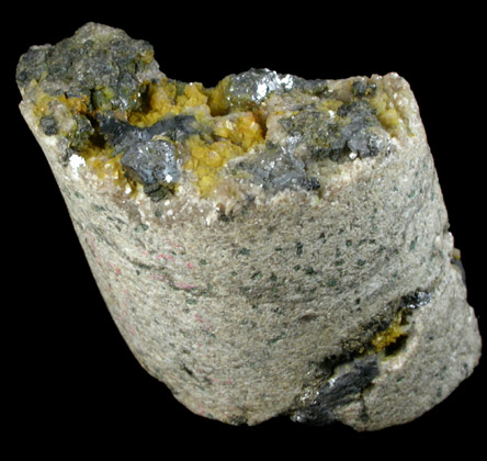 Greenockite on Dolomite with Galena (portion of drill core) from Bonne Terre Mine, Old Lead Belt, St. Francois County, Missouri