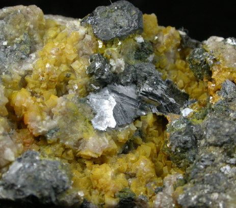 Greenockite on Dolomite with Galena (portion of drill core) from Bonne Terre Mine, Old Lead Belt, St. Francois County, Missouri