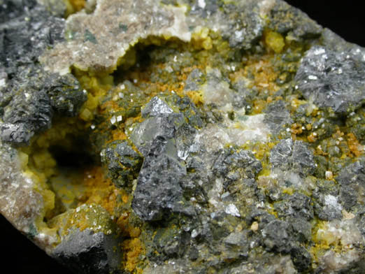 Greenockite on Dolomite with Galena (portion of drill core) from Bonne Terre Mine, Old Lead Belt, St. Francois County, Missouri