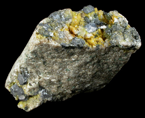 Greenockite on Dolomite with Galena (portion of drill core) from Bonne Terre Mine, Old Lead Belt, St. Francois County, Missouri