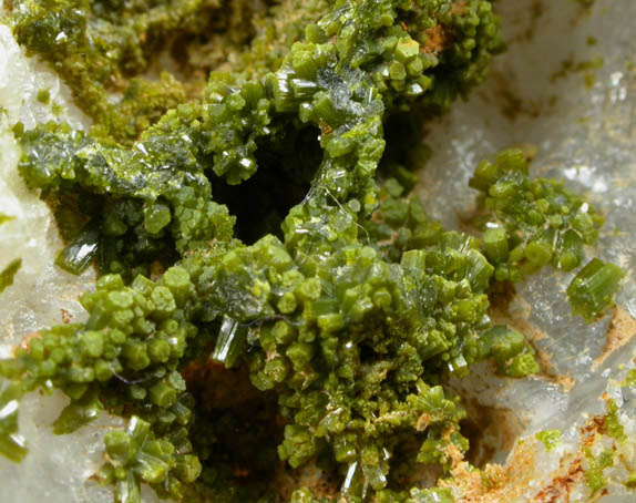 Pyromorphite on Quartz from Chester County Mine, Phoenixville, Chester County, Pennsylvania