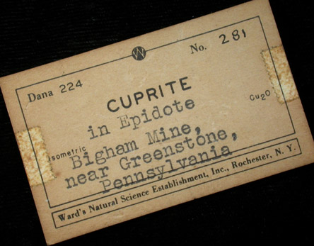 Cuprite in Epidote from Bingham Mine, Hamiltonban Township, Adams County, Pennsylvania