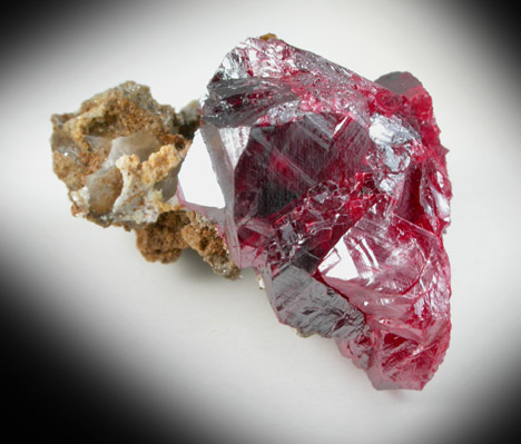 Cinnabar (penetration twins) on Calcite-Quartz matrix from Red Bird Mine, Antelope Springs District, 24 km east of Lovelock, Pershing County, Nevada