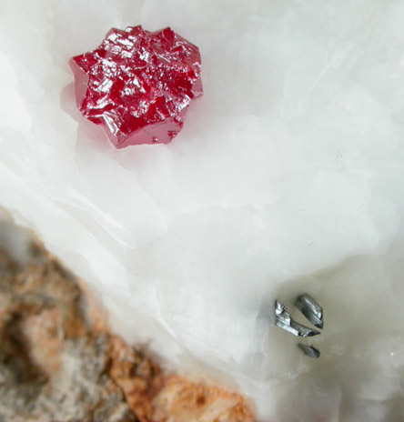 Cinnabar (penetration twins) and Stibnite in Calcite vein from Red Bird Mine, Antelope Springs District, 24 km east of Lovelock, Pershing County, Nevada