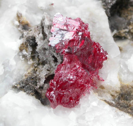 Cinnabar (penetration twins) on Calcite with Quartz from Red Bird Mine, Antelope Springs District, 24 km east of Lovelock, Pershing County, Nevada