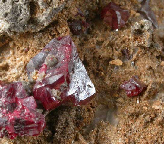 Cinnabar (penetration twins) on Quartz-rich matrix from Red Bird Mine, Antelope Springs District, 24 km east of Lovelock, Pershing County, Nevada