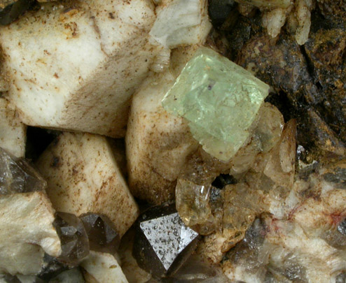 Fluorite on Microcline with Smoky Quartz from Moat Mountain, Hale's Location, Carroll County, New Hampshire