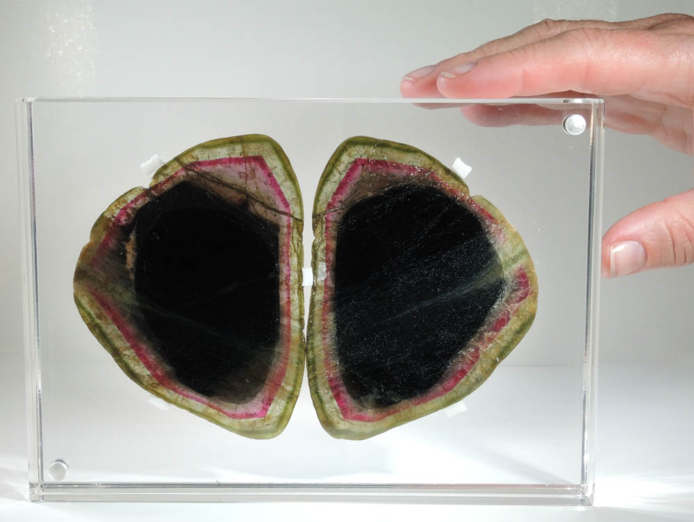 Liddicoatite Tourmaline (mounted set of 2 matched polished slices from a single crystal) from Alakamisy Itenina, south of Antsirab, Fianarantsoa, Haute Matsiatra, Madagascar (Type Locality for Liddicoatite = near Antsirab)