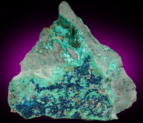 Cornetite on Chrysocolla with Malachite from L'Etoile du Congo Mine, Lubumbashi, Katanga (Shaba) Province, Democratic Republic of the Congo (Type Locality for Cornetite)