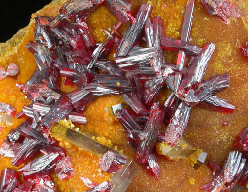 Realgar on Orpiment and Barite from Quiruvilca District, Santiago de Chuco Province, La Libertad Department, Peru