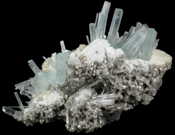 Beryl var. Aquamarine with Muscovite on Albite from Nagar, Hunza Valley, Gilgit District, Gilgit-Baltistan, Pakistan