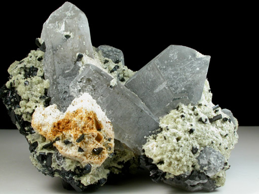 Elbaite Tourmaline and Muscovite on Quartz (Dauphiné-Law Twinned) from Galilea, Minas Gerais, Brazil
