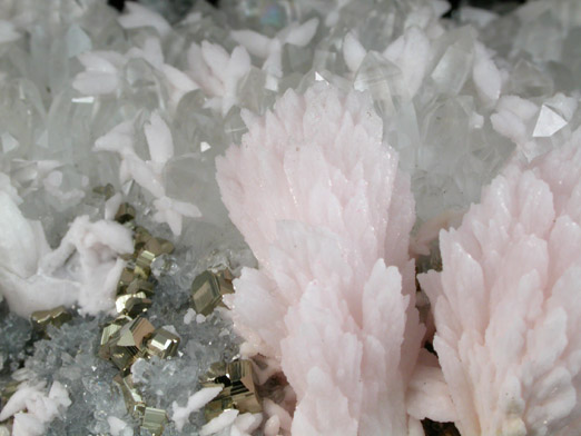 Calcite var. Manganocalcite on Quartz with Pyrite from Huaron District, Cerro de Pasco Province, Pasco Department, Peru