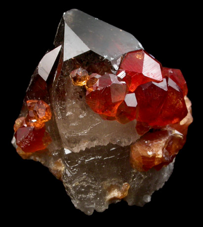 Spessartine Garnet on Smoky Quartz from Tongbei-Yunling District, Fujian Province, China