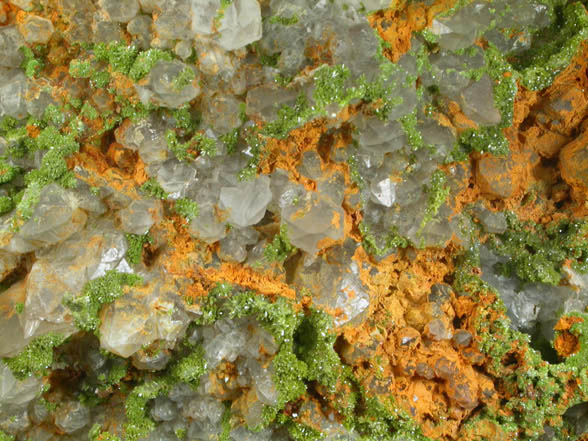 Pyromorphite on Quartz from Wheatley Mine, Phoenixville, Chester County, Pennsylvania