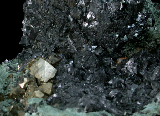 Pyrite on Magnetite with Actinolite var. Byssolite from French Creek Iron Mines, St. Peters, Chester County, Pennsylvania