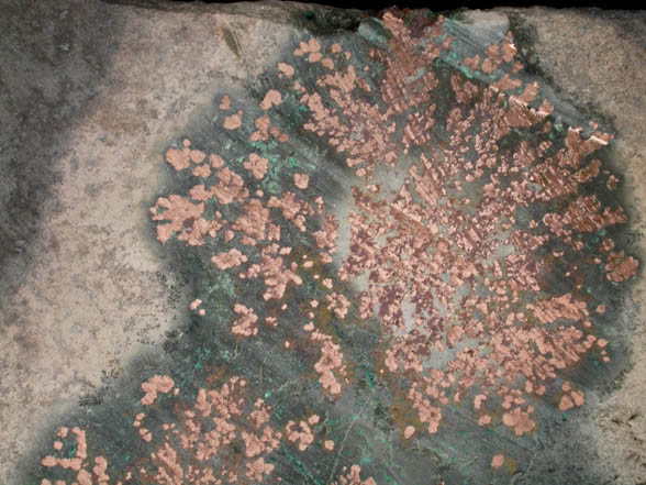 Copper (crystallized copper blooms in basalt) from Chimney Rock Quarry, Bound Brook, Somerset County, New Jersey