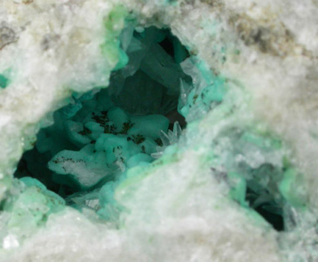 Chrysocolla on Calcite with Chalcocite from Chimney Rock Quarry, Bound Brook, Somerset County, New Jersey