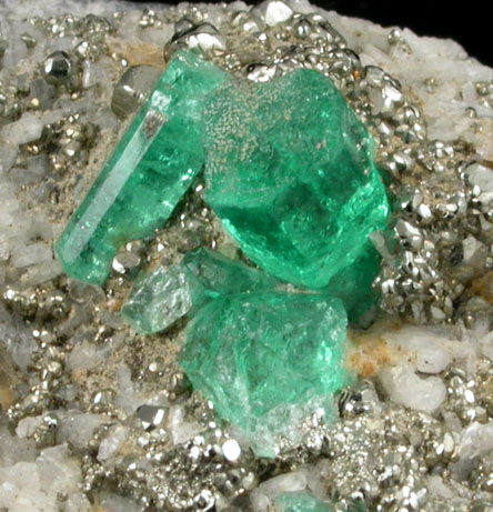 Beryl var. Emerald in Calcite with Pyrite from Chivor Mine, Guavi-Guateque District, Boyac Department, Colombia