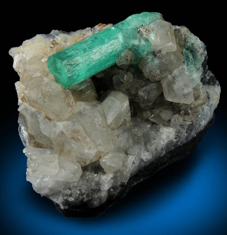 Beryl var. Emerald on Calcite from Polveros Mine, Vasquez-Yacop District, Boyac Department, Colombia