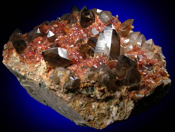 Spessartine Garnet on Smoky Quartz and Microcline from Wushan Spessartine Mine, Tongbei-Yunling District, Fujian Province, China