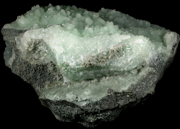 Prehnite with Hydroxyapophyllite-(K) (formerly apophyllite-(KOH)) and Actinolite var. Byssolite from Fairfax Quarry, 6.4 km west of Centreville, Fairfax County, Virginia