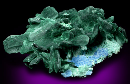Malachite pseudomorphs after Azurite with Plancheite from Milpillas Mine, Cuitaca, Sonora, Mexico