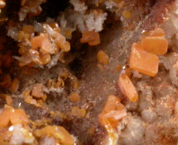 Wulfenite on Quartz from Manhan Lead Mines, Loudville District, 3 km northwest of Easthampton, Hampshire County, Massachusetts