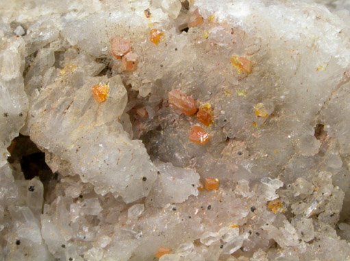Wulfenite and Sphalerite on Quartz from Manhan Lead Mines, Loudville District, 3 km northwest of Easthampton, Hampshire County, Massachusetts