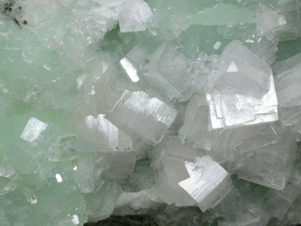 Hydroxyapophyllite-(K) (formerly apophyllite-(KOH)) on Prehnite from Fairfax Quarry, 6.4 km west of Centreville, Fairfax County, Virginia