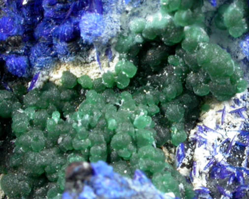 Azurite, Adamite var. Cuproadamite, Hydrozincite from Kamareza, Lavrion (Laurium) Mining District, Attica Peninsula, Greece