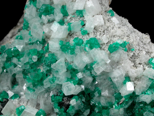 Dioptase on Calcite from Tsumeb Mine, Otavi-Bergland District, Oshikoto, Namibia