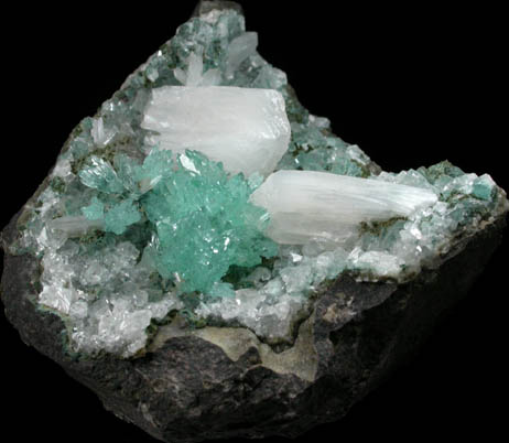 Apophyllite (rare blue-green color) with Stilbite-Ca on Calcite from undisclosed new locality, Maharashtra, India