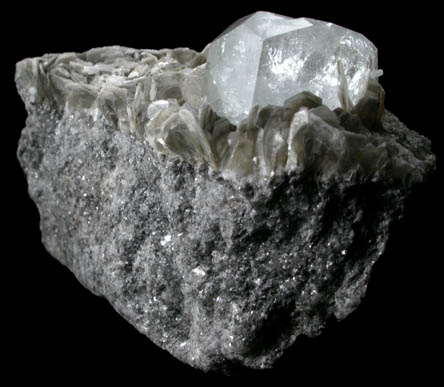 Beryl var. Goshenite on Muscovite from Xuebaoding Mountain near Pingwu, Sichuan Province, China