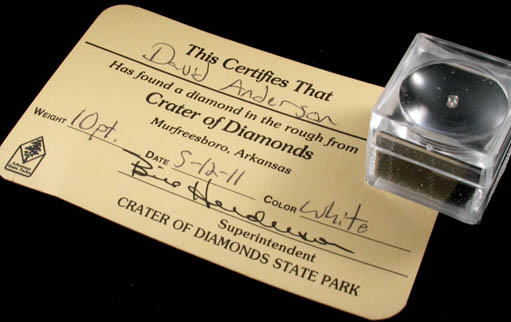 Diamond (0.10 carat pale-brown elongated dodecahedral crystal) from Crater of Diamonds State Park, Murfreesboro, Pike County, Arkansas