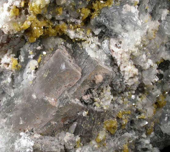 Wulfenite, Cerussite, Calcite over Fluorite from Hull Mine, Castle Dome District, 58 km northeast of Yuma, Yuma County, Arizona