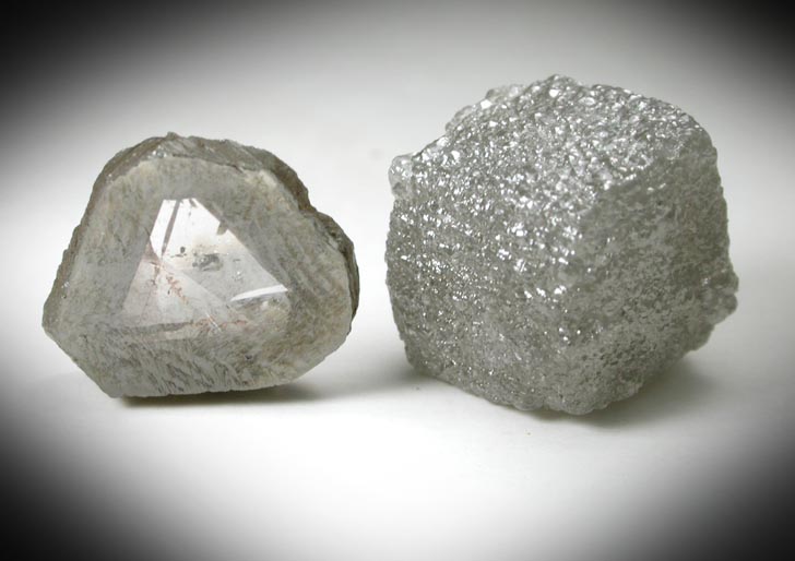 Diamond (9.97 carat cubic crystal with 2.57 carat sawn slice showing the gem diamond center) from Mbuji-Mayi (Miba), 300 km east of Tshikapa, Democratic Republic of the Congo