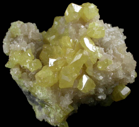 Sulfur on Calcite from Machow Mine, Tarnobrzeg, Poland