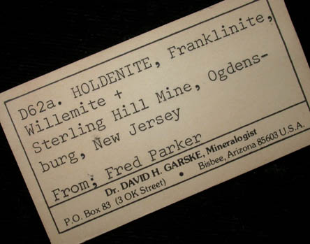Holdenite, Willemite, Franklinite from Sterling Mine, Ogdensburg, Sterling Hill, Sussex County, New Jersey