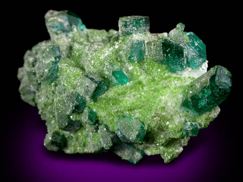 Dioptase with Duftite over Calcite from Tsumeb Mine, Otavi-Bergland District, Oshikoto, Namibia (Type Locality for Duftite)