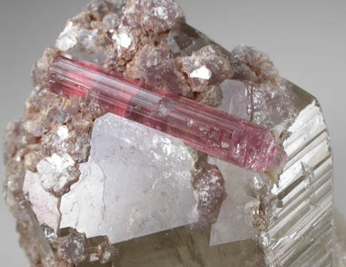 Elbaite var. Rubellite Tourmaline with Lepidolite on Smoky Quartz from Minas Gerais, Brazil