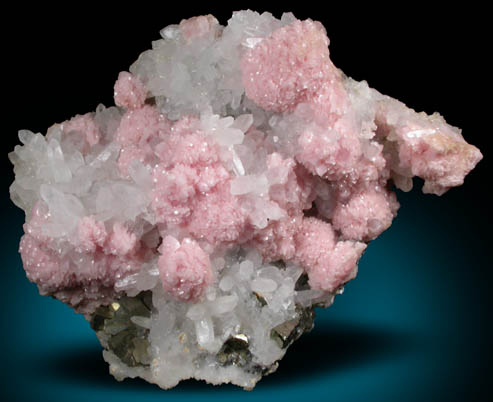 Rhodochrosite on Quartz with Pyrite from Davidkovo Mine, Madan District, Rhodope Mountains, Bulgaria