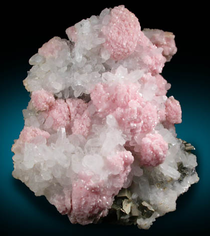 Rhodochrosite on Quartz with Pyrite from Davidkovo Mine, Madan District, Rhodope Mountains, Bulgaria