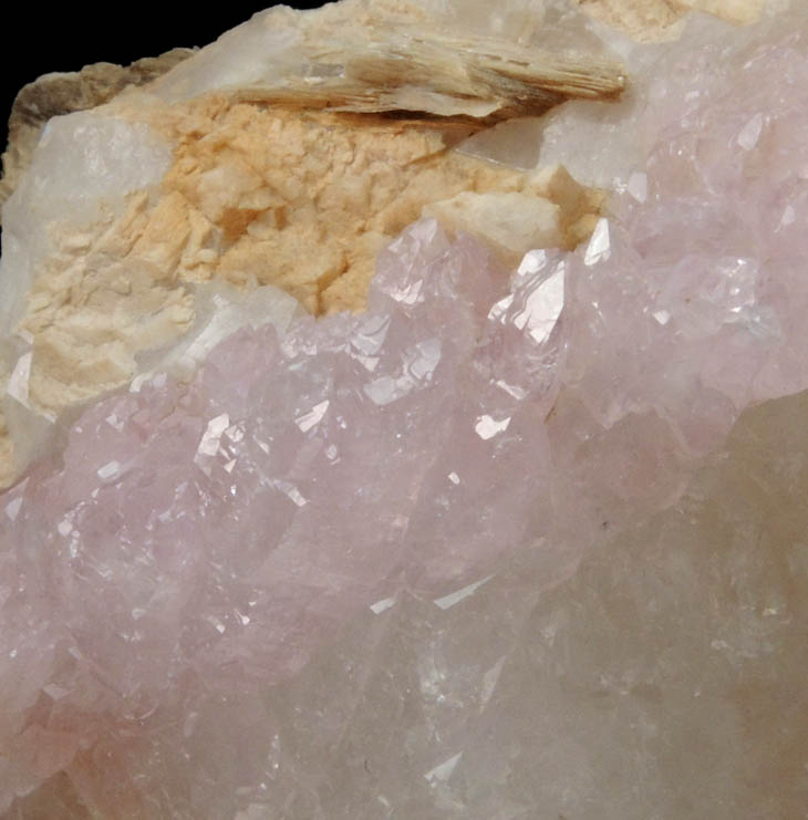 Quartz var. Rose Quartz Crystals on Milky Quartz with Muscovite from Lavra da Ilha, Taquaral, Jequitinhonha River, Minas Gerais, Brazil