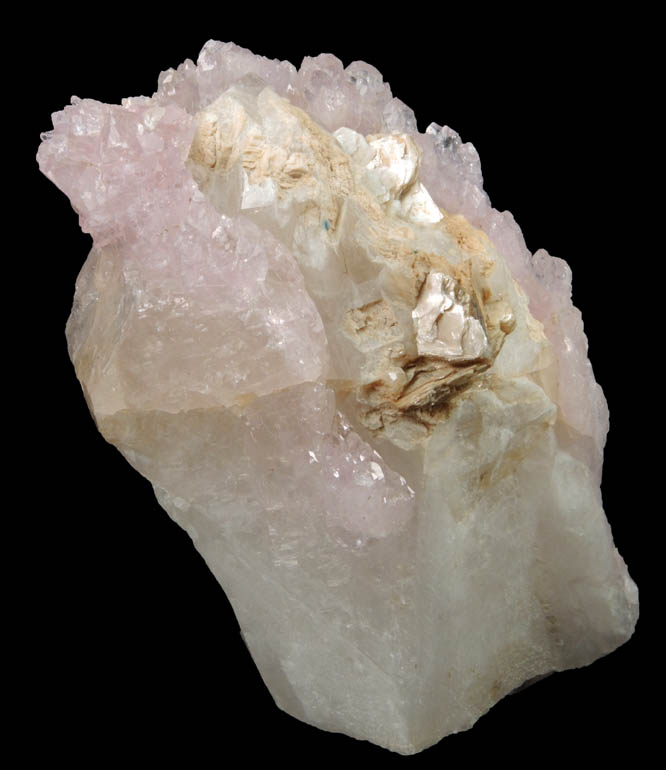 Quartz var. Rose Quartz Crystals on Milky Quartz with Muscovite from Lavra da Ilha, Taquaral, Jequitinhonha River, Minas Gerais, Brazil