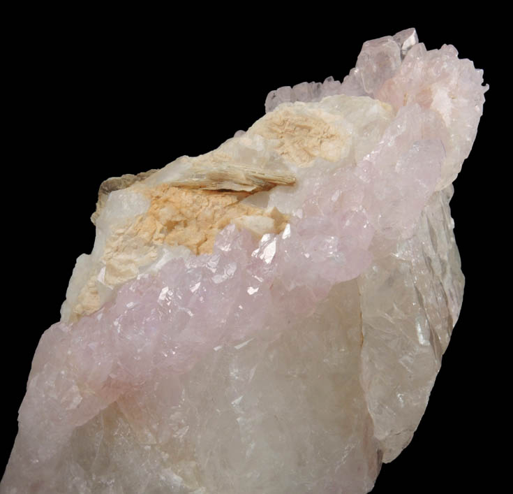 Quartz var. Rose Quartz Crystals on Milky Quartz with Muscovite from Lavra da Ilha, Taquaral, Jequitinhonha River, Minas Gerais, Brazil